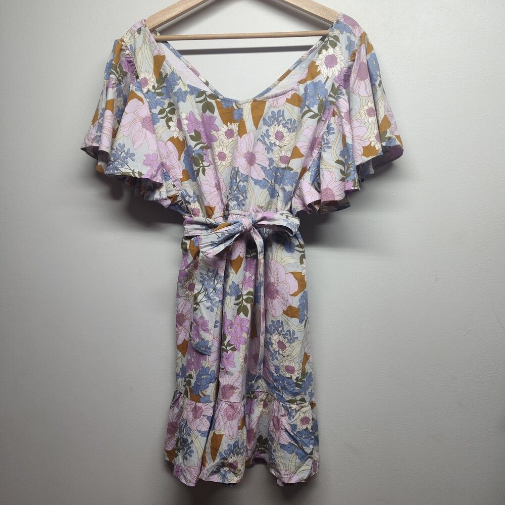 Sim & Sam Mini Dress Women L Blue Floral Short Sleeve Boho Babydoll Cottagecore